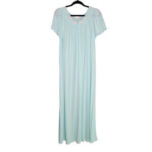 Vintage Shadowline Nightgown Nylon Satin Floral Embroidered Baby Blue M